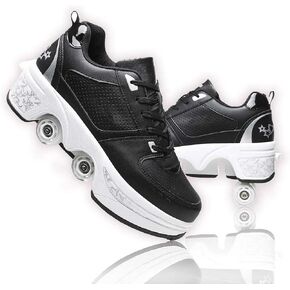 Four-Wheel Recyclable Roller Skate Skates,2-in-1 Parkour Shoes, Shoes That Turn Lnto Rollerskates, Children's Roller Skates Ladies Kick-Roller Shoes Adult Skating Cool Running