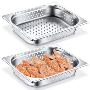 Lounsweer 2 Pack Full Size Perforated Steam Pan Stainless Steel Half Size Perforated Steam Table Food Pan Commercial Catering Food Pan for Kitchen Restaurant Supplies(12.8'' x 4'' x 10.43'')