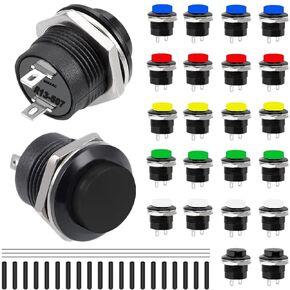 24PCS 16mm Waterproof Momentary Push Button 3A 250V AC SPST 15MM Mini Switch 6 Colour Round Cap ON Off 2-Pin Self-Resetting R13-507 for Boat with 3PCS Solder Wire 20PCS Heat Shrink Tubing