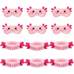 Kajaia 12 Pcs Axolotl Spa Headband and Eye Mask Set,Cute Soft Sleepover Party Favors,Pink Axolotl Skincare Headbands Plush Sleep Eye Mask for Single Women Spa Pajama Party Supply