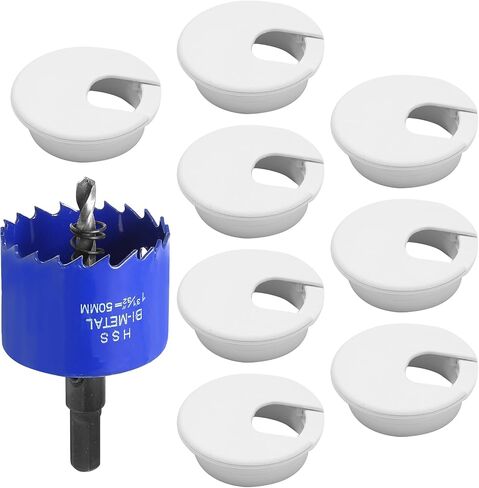 8pcs 1-3/8 Inch Desk Grommet with Drilling Hole Saw, Plastic Desk Hole Cover, White Cable Hole Cover, Desk Hole Grommet for Wire Cord Organizing Office Computer Desk in Kuwait