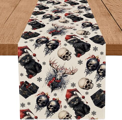 Gothic Decor Christmas Table Runner Black Cat Skeleton Snowflake Winter Xmas Kitchen Dining Home Room Vintage Decorations Christmas Party Supplies 13x72 Inch in Saudi Arabia