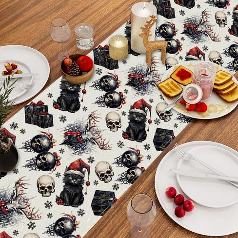 Gothic Decor Christmas Table Runner Black Cat Skeleton Snowflake Winter Xmas Kitchen Dining Home Room Vintage Decorations Christmas Party Supplies 13x72 Inch in Saudi Arabia