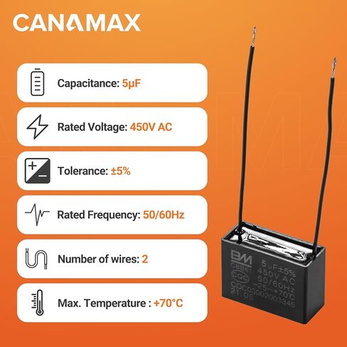 CBB61 5μF 5uf 2-Wire 250V 450V AC مكثف مروحة السقف من BlueStars - مولد محرك مضخة المروحة الكهربائية - 50/60 هرتز - 2 سلك توصيل الطاقة الكهربائية in Kuwait