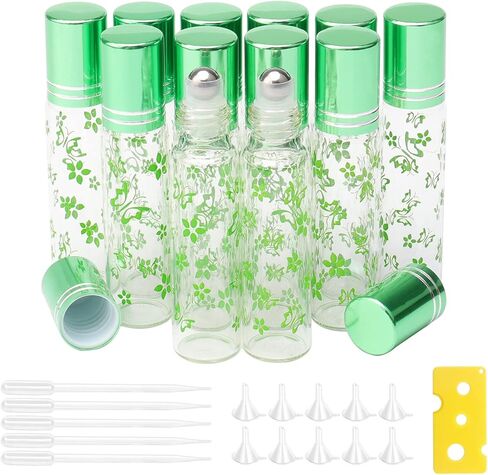 زجاجات دوارة زجاجية قابلة لإعادة الملء سعة 10 مل من JIUWU، 12 قطعة من الزجاج الأخضر على زجاجات قوارير زجاجية عطرية فارغة من الزيوت العطرية، وفتاحة قطارة قمع تتضمن in Kuwait