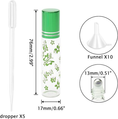 زجاجات دوارة زجاجية قابلة لإعادة الملء سعة 10 مل من JIUWU، 12 قطعة من الزجاج الأخضر على زجاجات قوارير زجاجية عطرية فارغة من الزيوت العطرية، وفتاحة قطارة قمع تتضمن in Kuwait