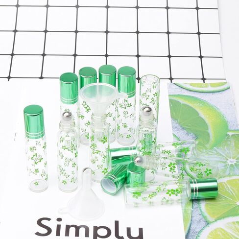 زجاجات دوارة زجاجية قابلة لإعادة الملء سعة 10 مل من JIUWU، 12 قطعة من الزجاج الأخضر على زجاجات قوارير زجاجية عطرية فارغة من الزيوت العطرية، وفتاحة قطارة قمع تتضمن in Kuwait