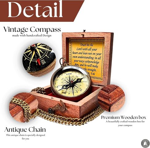 Elegant Brass Compass with Trust in The Lord Poem Engraved – 2-Inch Nautical Compass with Wooden Box – Inspirational Gift for Travelers, Graduates, and Adventurers in Saudi Arabia
