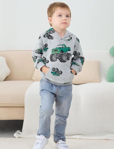NUBEEHOHO Toddler Boy Hoodie Sweatshirt - Pullover Dinosaur Long Sleeve Shirt Fire Truck Print Kids Winter Clothes 2T-7T in Kuwait