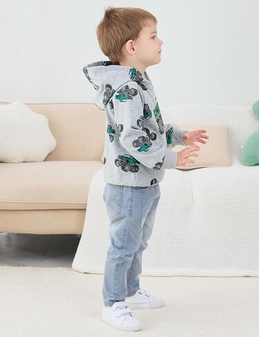 NUBEEHOHO Toddler Boy Hoodie Sweatshirt - Pullover Dinosaur Long Sleeve Shirt Fire Truck Print Kids Winter Clothes 2T-7T in Kuwait