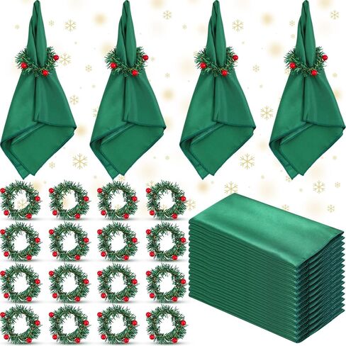40 قطعة مناديل عيد الميلاد وحلقة مجموعة مناديل قماش خضراء قابلة للغسل 20 قطعة من حلقات منديل عيد الميلاد 20 قطعة مناديل عيد الميلاد من القماش حامل مناديل التوت الأحمر لإعداد طاولة عشاء عيد الميلاد in Kuwait