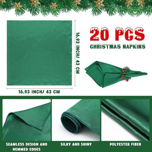 40 قطعة مناديل عيد الميلاد وحلقة مجموعة مناديل قماش خضراء قابلة للغسل 20 قطعة من حلقات منديل عيد الميلاد 20 قطعة مناديل عيد الميلاد من القماش حامل مناديل التوت الأحمر لإعداد طاولة عشاء عيد الميلاد in Kuwait