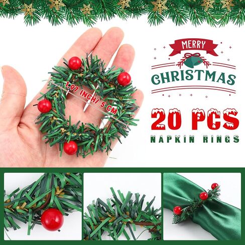 40 قطعة مناديل عيد الميلاد وحلقة مجموعة مناديل قماش خضراء قابلة للغسل 20 قطعة من حلقات منديل عيد الميلاد 20 قطعة مناديل عيد الميلاد من القماش حامل مناديل التوت الأحمر لإعداد طاولة عشاء عيد الميلاد in Kuwait