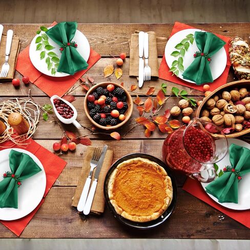 40 قطعة مناديل عيد الميلاد وحلقة مجموعة مناديل قماش خضراء قابلة للغسل 20 قطعة من حلقات منديل عيد الميلاد 20 قطعة مناديل عيد الميلاد من القماش حامل مناديل التوت الأحمر لإعداد طاولة عشاء عيد الميلاد in Kuwait