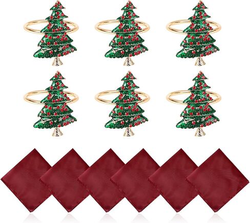 مجموعة من 12 قطعة من حلقات مناديل عيد الميلاد والمناديل، 6 قطع من حلقات مناديل شجرة عيد الميلاد 6 قطع من مناديل قماشية حلقات مناديل عيد الميلاد منديل منديل من أجل ديكور طاولة العشاء وحفلات العطلات in Kuwait