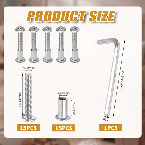 Biaungdo 15 مجموعة M6x35mm عرافة محرك المقبس غطاء الترباس، الفضة الأثاث موصل مشترك البراغي غطاء المكسرات M6 آخر ملزمة غاطسة المسمار برميل المكسرات مجموعة متنوعة مع مفتاح ألين للأثاث، حزام in Saudi Arabia