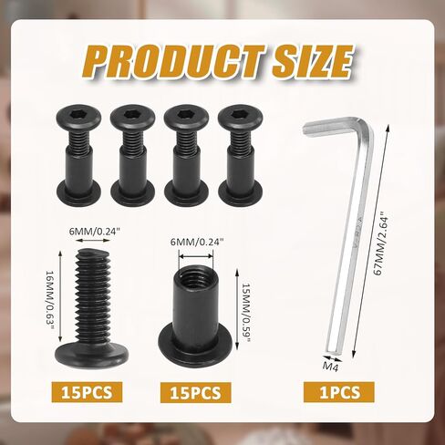 Biaungdo 15 Sets M6x35mm Hex Drive Socket Cap Bolt, Silver Furniture Joint Connector Bolts Cap Nuts M6 Binding Post Countersunk Screw Barrel Nuts Assortment Kit with Allen Wrench for Furniture, Belt in Kuwait