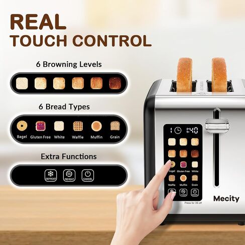 Mecity 2 Slice Toaster Touch Screen 1.5" Wide Slot, Stainless Steel Smart Bread Toaster for Bagel Muffin Waffle Gluten Free Breads, Timer, Defrost, Reheat, 120V 825W in Saudi Arabia