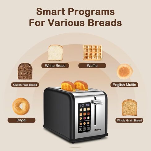 Mecity 2 Slice Toaster Touch Screen 1.5" Wide Slot, Stainless Steel Smart Bread Toaster for Bagel Muffin Waffle Gluten Free Breads, Timer, Defrost, Reheat, 120V 825W in Saudi Arabia