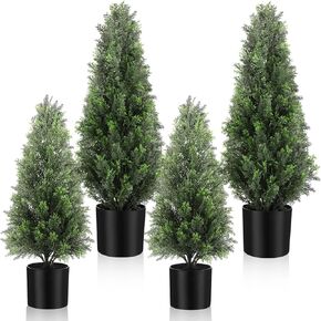Riceshoot 4 Pcs Artificial Topiary Trees Artificial Cedar Trees UV Resistant Potted Faux Trees Plants Fake Shrub Trees Plastic Green Pine for Porch Garden Office Front Door Indoor Decor (1.5ft,2ft)