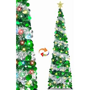 6 Feet Pop Up Christmas Tree Collapsible Artificial Christmas Tree with Timer 100 Warm Lights&Colored Change 8 Modes, 1 Minute Skinny Pencil Tinsel Tree with 3D Star for Home Fireplace Indoor Outdoor
