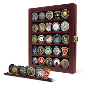flybold Military Coin Display Case Challenge Coin Holder Box - Clear Display for AA Chips Holding Case, 92% Transparent, Coin Rack Fits 45 Coins or Military Medals, Mahogany Frame, Wall Mount