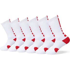VNG Premium Athletic Crew Socks for Men Sizes 6-13, 6 Pairs Mid-Calf, Cushioned Sport Socks for Basketball, Football, Baseball, Running, Hiking in White with Red Trim
