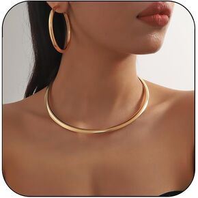 Vivian&CD Gold Choker Necklaces Earrings Set for Woman, Simple Metal Collar Necklace Earrings Set Open Round Clavicle Chain Earrings