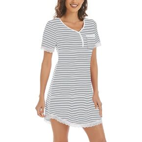 Women's Loose Fit Sleep Dresses Short Sleeve Lace Trim Pockets Multiple Colors Sizes