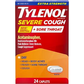 Tylenol Extra Strength Severe Cough + Sore Throat Caplets, Daytime Extra Strength Pain Reliever & Fever Reducer + Cough Suppressant, Acetaminophen 500 mg, Dextromethorphan HBr 15 mg, 24 ct