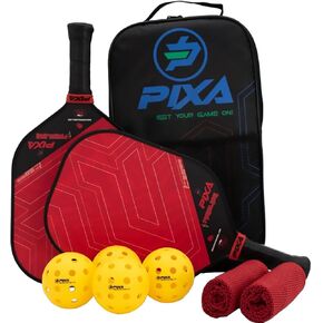 PIXA Fireblade Pickleball Paddle Set of 2, w/ 4 Balls and 2 Cooling Towels, Bag; Fiberglass, Textured Face, 16mm, Beginner/Intermediate, Great Gift!