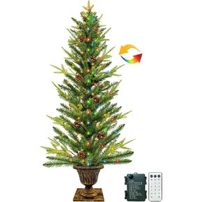 Realistic-Feel PE&Dual Color Change 4 Ft Fraser Fir Artificial Potted Christmas Tree, Timer 80 Warm White & Colored Light 12 Mode Remote Battery Operated Big Pinecones Xmas Tree Outdoor Porch Decor in Kuwait