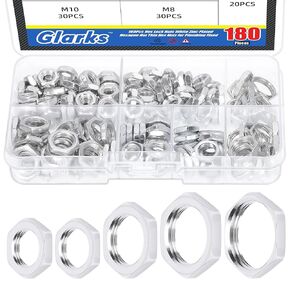 Glarks 180Pcs M6 M7 M8 M10 M12 Metric Hex Lock Nut Set, White Zinc Cast Pipe Fitting Thin Hex Female Lock Nut for Plumbing