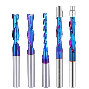 5 PCS Carbide CNC Router Bits Set 1/4 inch shank End Mill with nACo Blue Coating for Side milling,end milling,Finish Machining