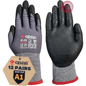 Cestus - C-11 Elite Work Gloves for Men, Nitrile Coated, ANSI A1 Cut Resistant, Enhanced Grip & Protection (12 Pairs)