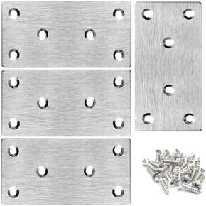 4 x 2 Inch Stainless Steel Flat Bracket Mending Plate, Bracket Joining Plate, 2 mm Thickness Heavy Duty Metal Repair Fixing Joining, Flat Brace Right Angle, for Furniture, Wood, Shelves, Cabinet(4pcs)