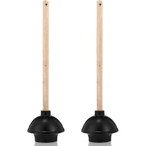 Dandat 2 Pcs Rubber Toilet Plunger with Double Thrust Force Suction Cup Long Wooden Handle Toilet Bowl Plunger Heavy Duty Plunger Pump Clogged Toilet Solution for Bathroom Stores Restaurants, Black