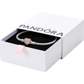 PANDORA Moments Sparkling Heart Clasp Snake Chain Bracelet - Compatible with PANDORA Moments Charms - Sterling Silver Charm Bracelet for Women - 7.5" - With Gift Box