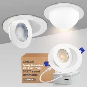 zouzai 6 Pack 4 inch Black 5CCT LED Gimbal Led Recessed Light with Junction Box, 90° Adjustable Directional Eyeball Lighting, Dimmable, 2700K/3000K/3500K/4000K/5000K,10W=85W-ETL&Energy Star