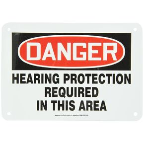 Accuform MPPE219VA Aluminum Safety Sign, Legend "Danger Hearing Protection Required in This Area", 7" Length x 10" Width, Red/Black on White