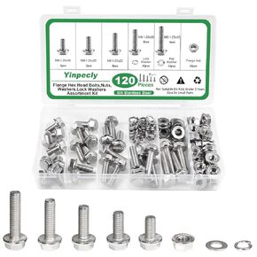 Yinpecly M8x1.25 x 16/20/25/30/35mm Flanged Hex Head Bolts, 120 Pcs M8 Flange Hexagon Screws Serrated Flange Nuts, Washers & Lock Spring Washers, 304 Stainless Steel Bolts and Nuts Kit