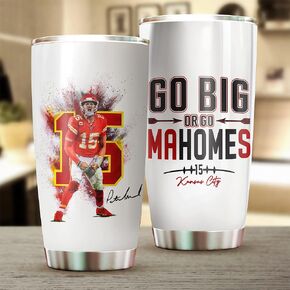 Patrick Mahomes II Tumbler - Go Big Or Go Mahomes - Coffee Tea Mug Insulated Tumbler With Lid - Birthday, Thanksgiving, Christmas Day Gifts For Football Fans - 20 Oz| Stainless Steel Mug