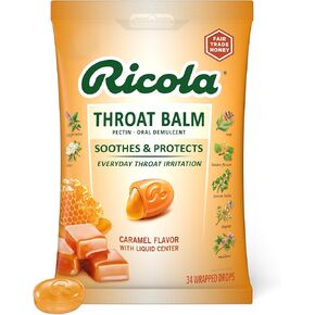 Ricola Throat Balm Caramel Throat Drops with Liquid Center, 34 Count (Pack of 4) Coat & Protect Your Throat, Daily Throat Relief & Protection, Oral Demulcent