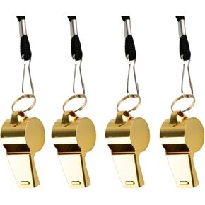 4-Pack Gold Stainless Steel Whistles with Lanyards - Super Loud Premium Metal Sports Whistles for Referees, Coaches, Teachers, Training, and Outdoor Emergency Activities