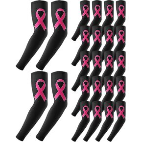 Handepo 12 Pairs Breast Cancer Awareness Sleeves Ribbon Arm Sleeves UV Protection Compression Arm Sleeve for Women Men Youth