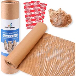 honeycomb Packing Paper,15" W x 131' L Cushion Bubble Packing Material for Moving Shipping Packaging,Biodegradable and Recyclable Wrap Paper Roll with 20 Fragile Sticker Labels