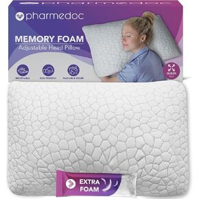 Pharmedoc Adjustable Shredded Memory Foam Curved Pillow - Side Sleeper Pillow -Ergonomic Curved - Neck Pillow for Pain Relief - Queen Bed Pillow 2 Pack
