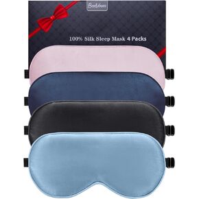 BeeVines Sleep Mask, 4 Pack 100% Real Natural Pure Silk Eye Masks with Adjustable Strap for Sleeping, Mulberry Silk Eye Sleep Shade Cover, Block Light Reduces Puffy Eyes Traveling Gifts (4 Packs)