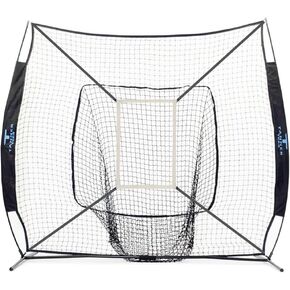 Tanner Portable 7' x 7' Baseball Net Softball Batting Net with Catch Sock for Hitting and Pitching - Softball/Baseball Practice Net Includes Strike Zone and Carrying Bag | Black and Blue