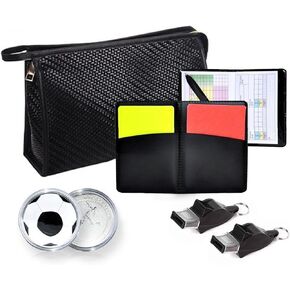 Soccer Football Referee kit, Including Referee Whistles Red Yellow Cards Pressure Gauge Decision Coins and Black Carrying Bag, Referee Accessories Set for School Family Sports Soccer Game